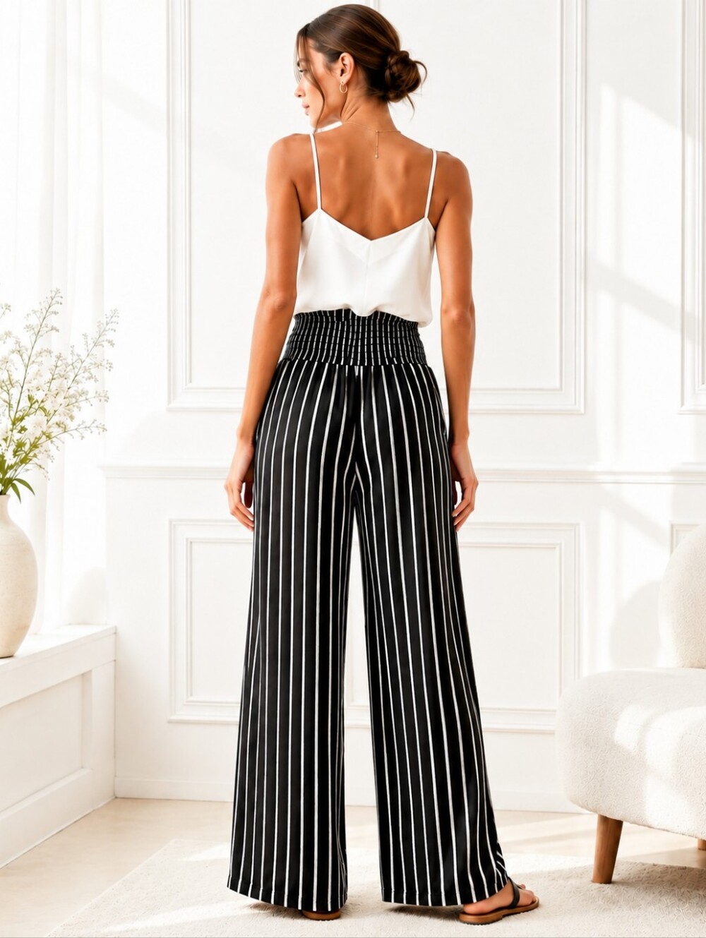 NWT One 5 One Black White Stripe Wide Leg Smocked Waist Pants Size XL - Picture 2 of 11
